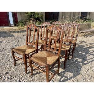 Suite de , 6 chaises  provençale, Louis, XV , en noyer,d’époque XIXE siècle 