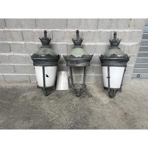 Set Of Three Large Bronze Street Lighting Lanterns, 19th Century 