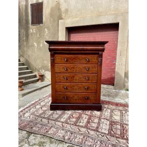 Restoration-era English Mahogany Chest Of Drawers, Flame-patterned, 19th Century 