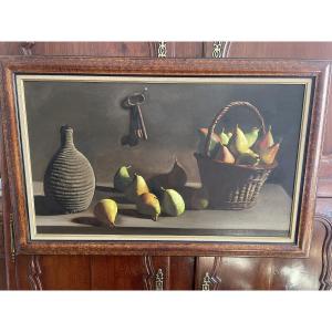 Nature morte aux poires et paniers, huile sur panneau signée.P .jouffroy1956.