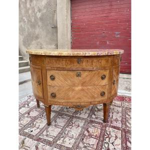 Chest Of Drawers, Louis XVI Half Moon, In Marquetry, 19th Century