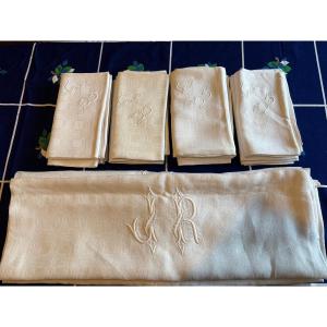Damask Cotton Dinner Service, Monogrammed Cr 1960
