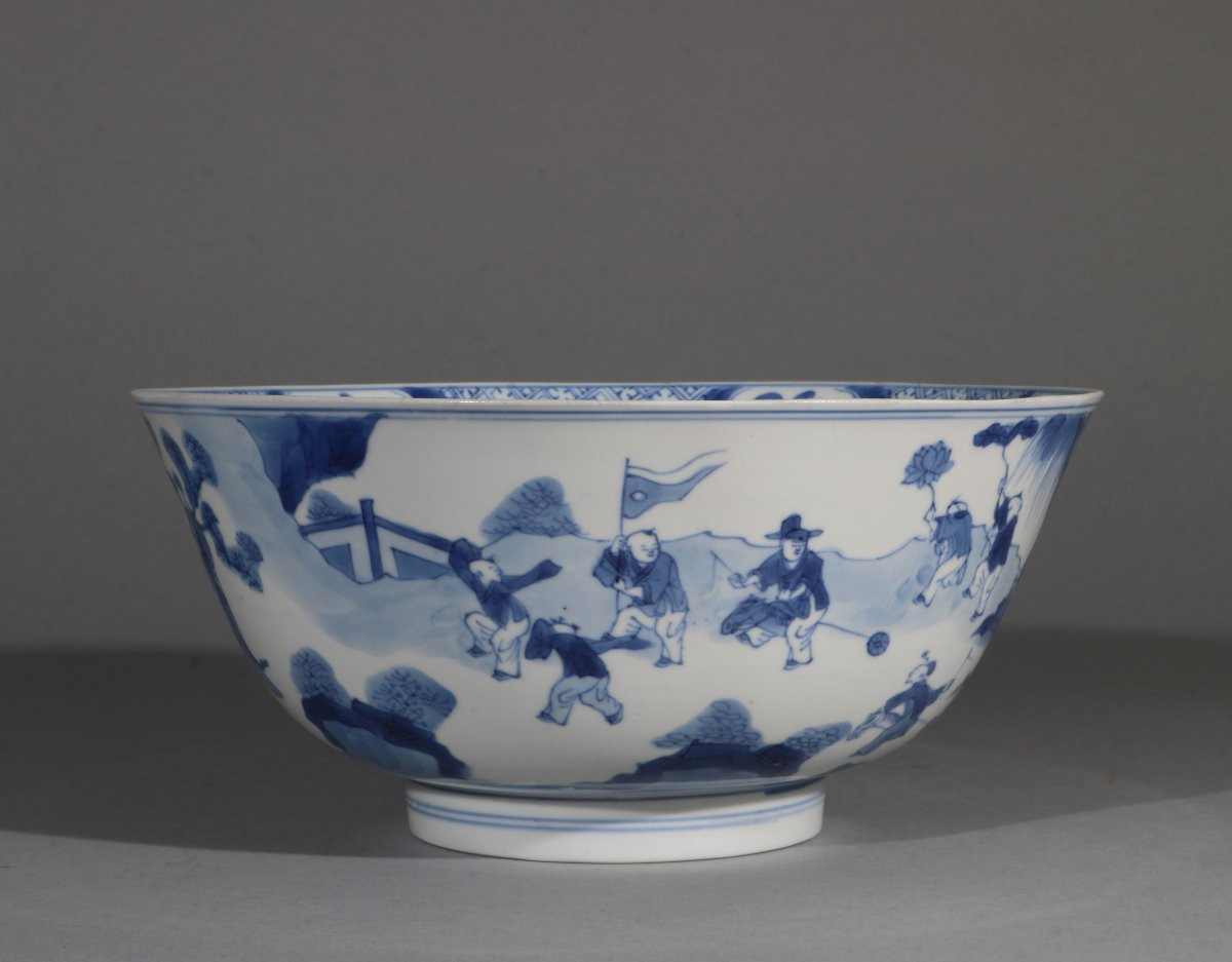 Chinese Blue And White Bowl "hundred Boys" Kangxi 17/18th Century-photo-1