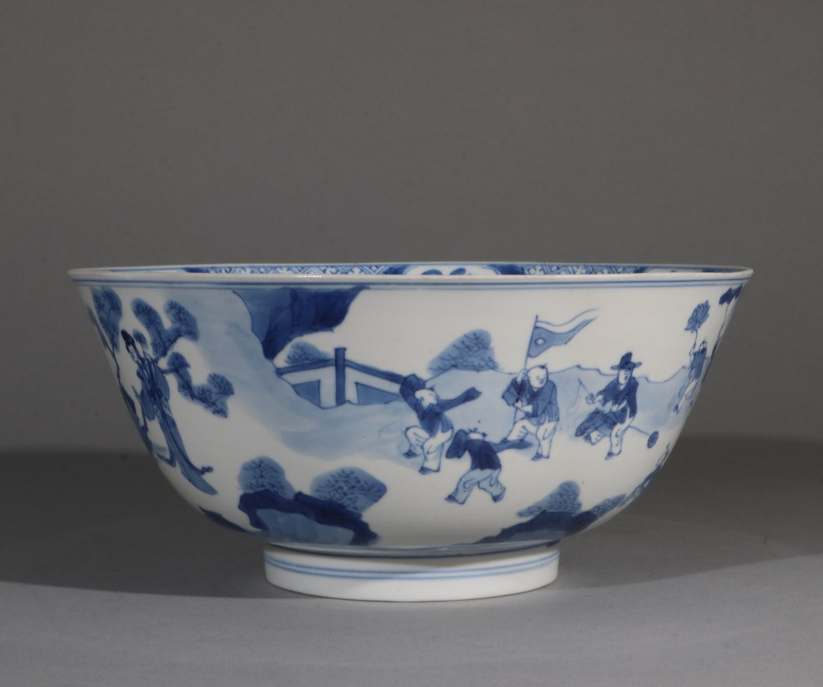 Chinese Blue And White Bowl "hundred Boys" Kangxi 17/18th Century-photo-2