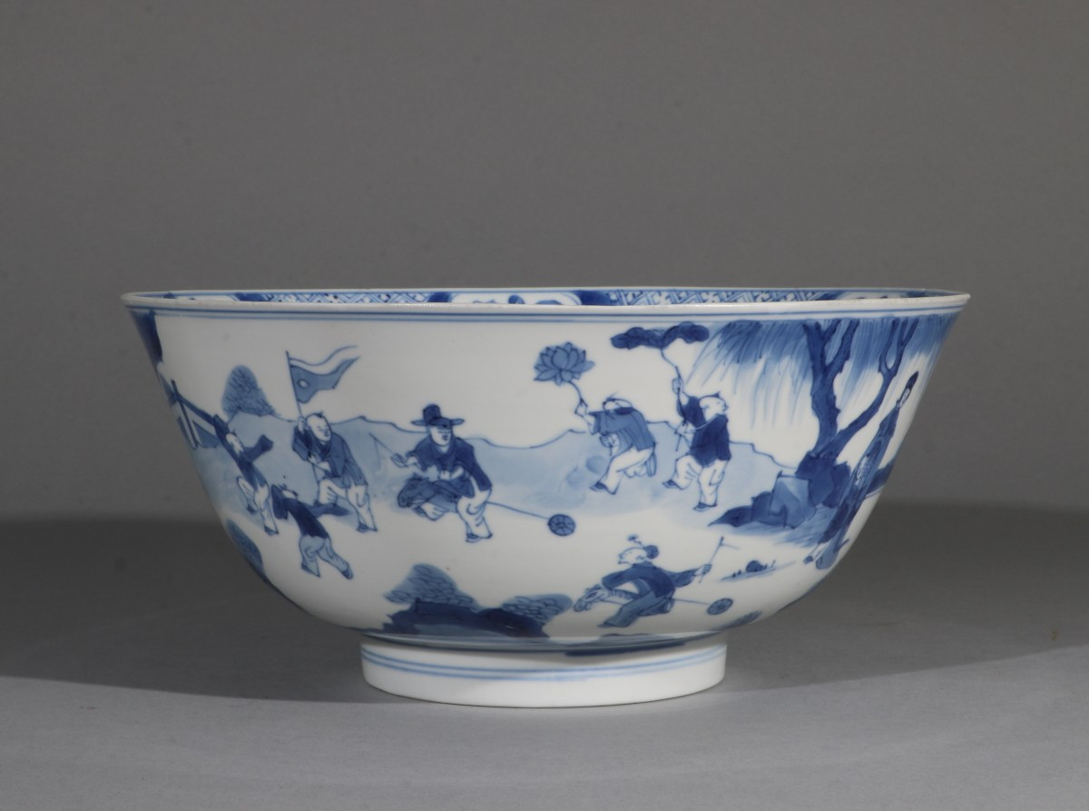 Chinese Blue And White Bowl "hundred Boys" Kangxi 17/18th Century