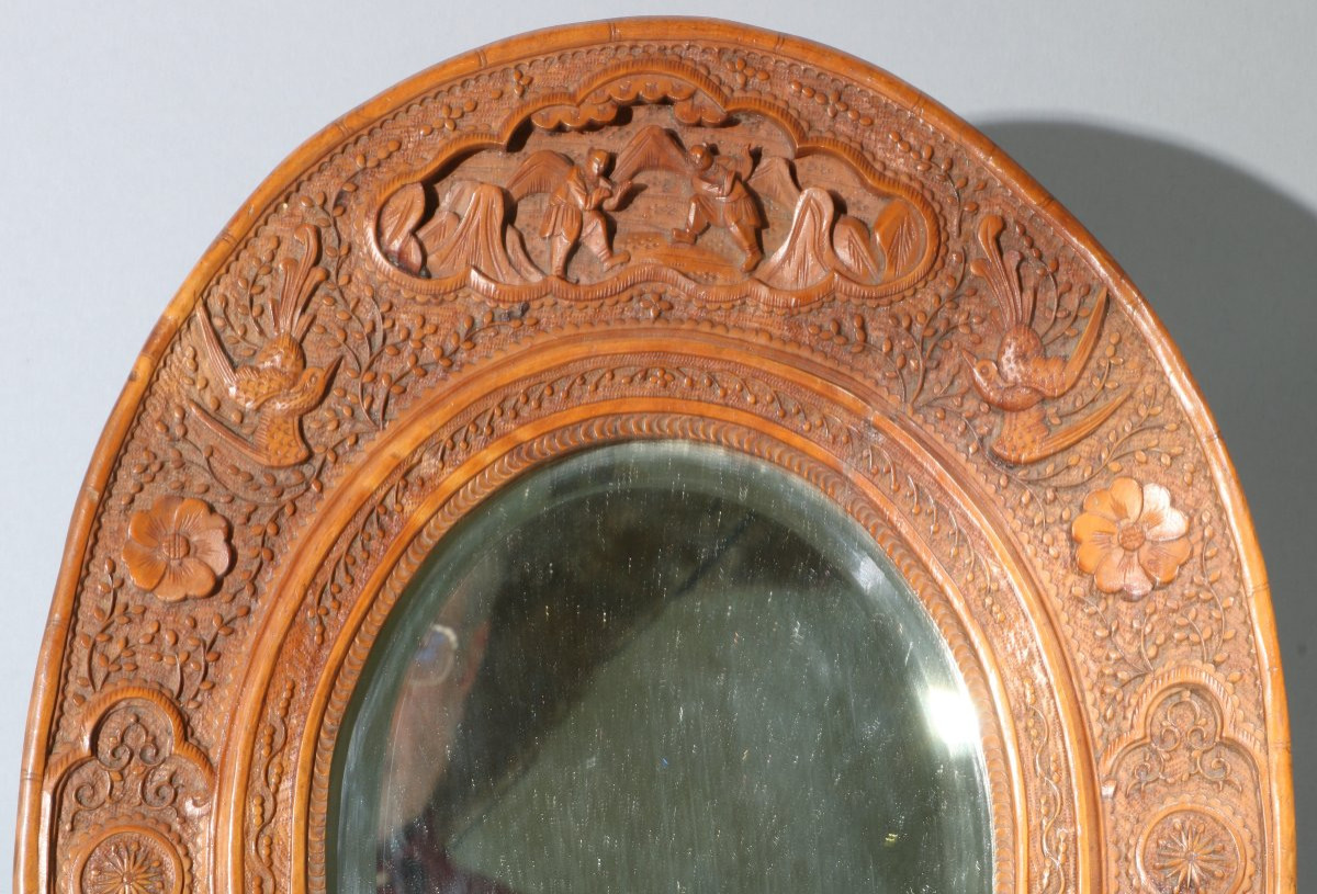 Paire de Chinois cadres de miroirs en buis sculpté , XIXe siècle-photo-3