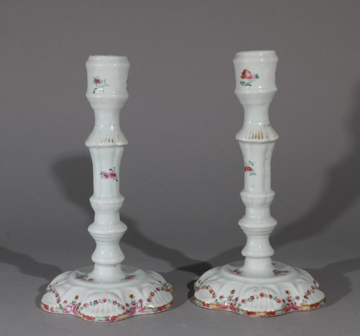 A Pair Of Chinese Export Famille Rose Candlesticks Qianlong C1760-75