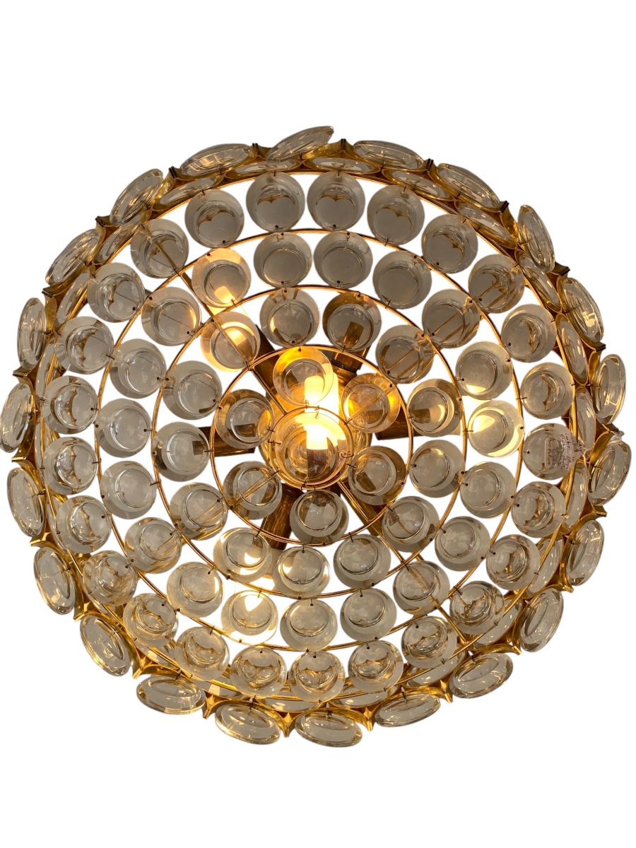 70s Pendant Chandelier - Gold Brass & Crystals-photo-4
