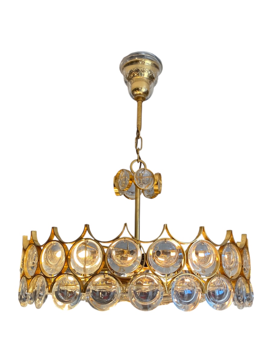 70s Pendant Chandelier - Gold Brass & Crystals-photo-3
