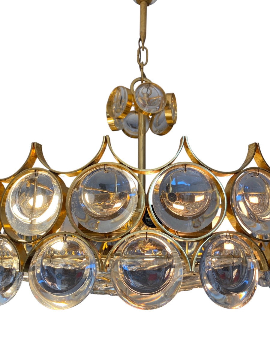 70s Pendant Chandelier - Gold Brass & Crystals-photo-2