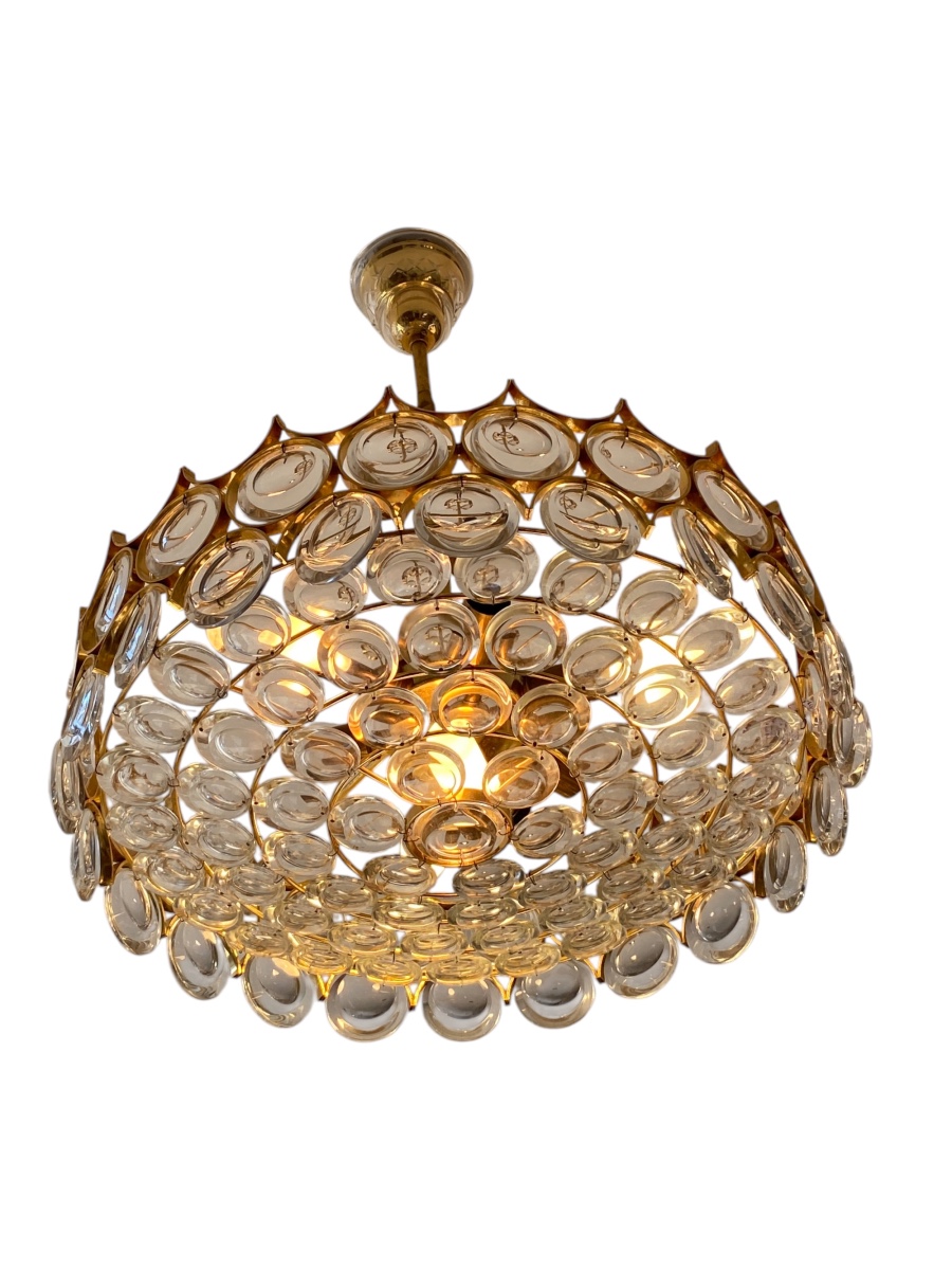70s Pendant Chandelier - Gold Brass & Crystals-photo-1