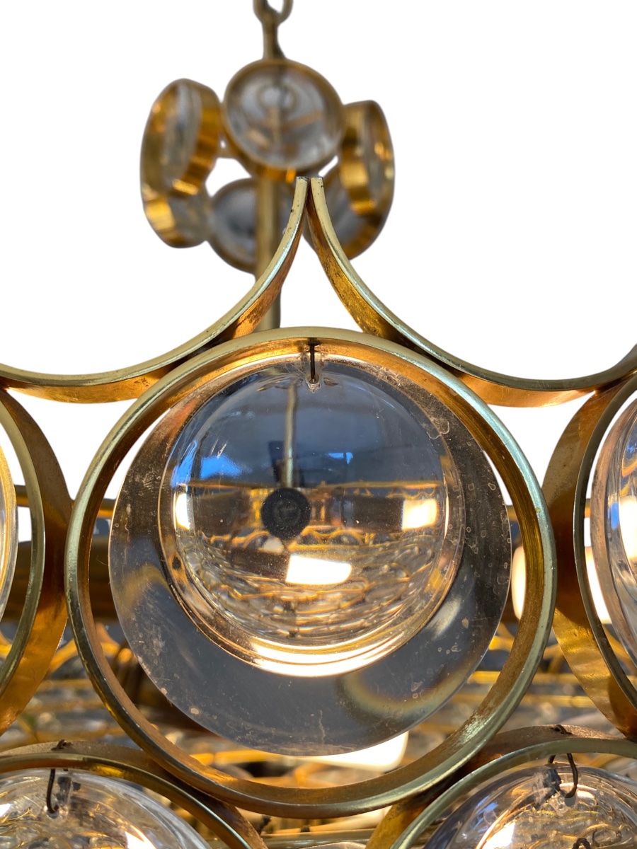 70s Pendant Chandelier - Gold Brass & Crystals-photo-2