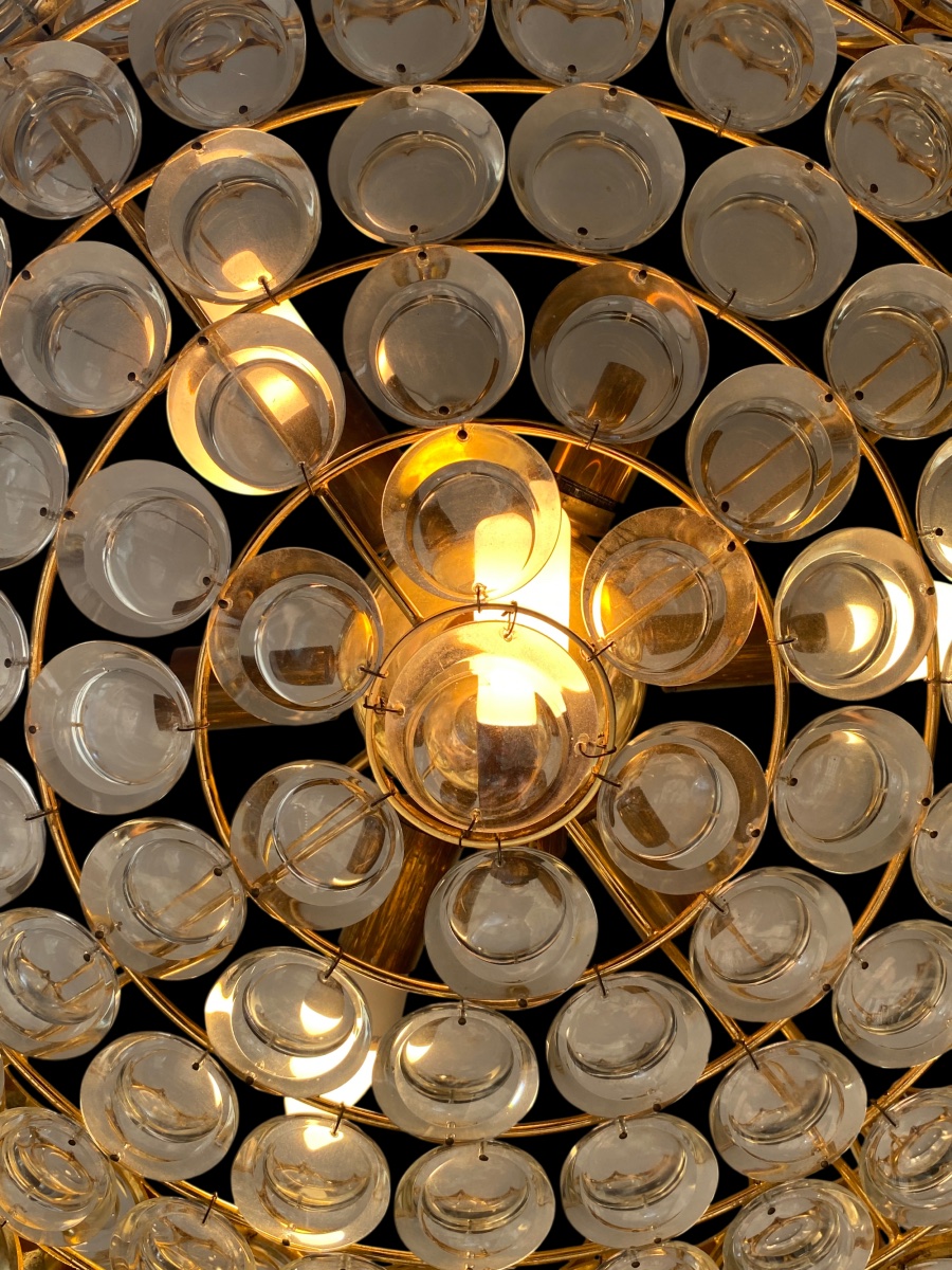 70s Pendant Chandelier - Gold Brass & Crystals-photo-3