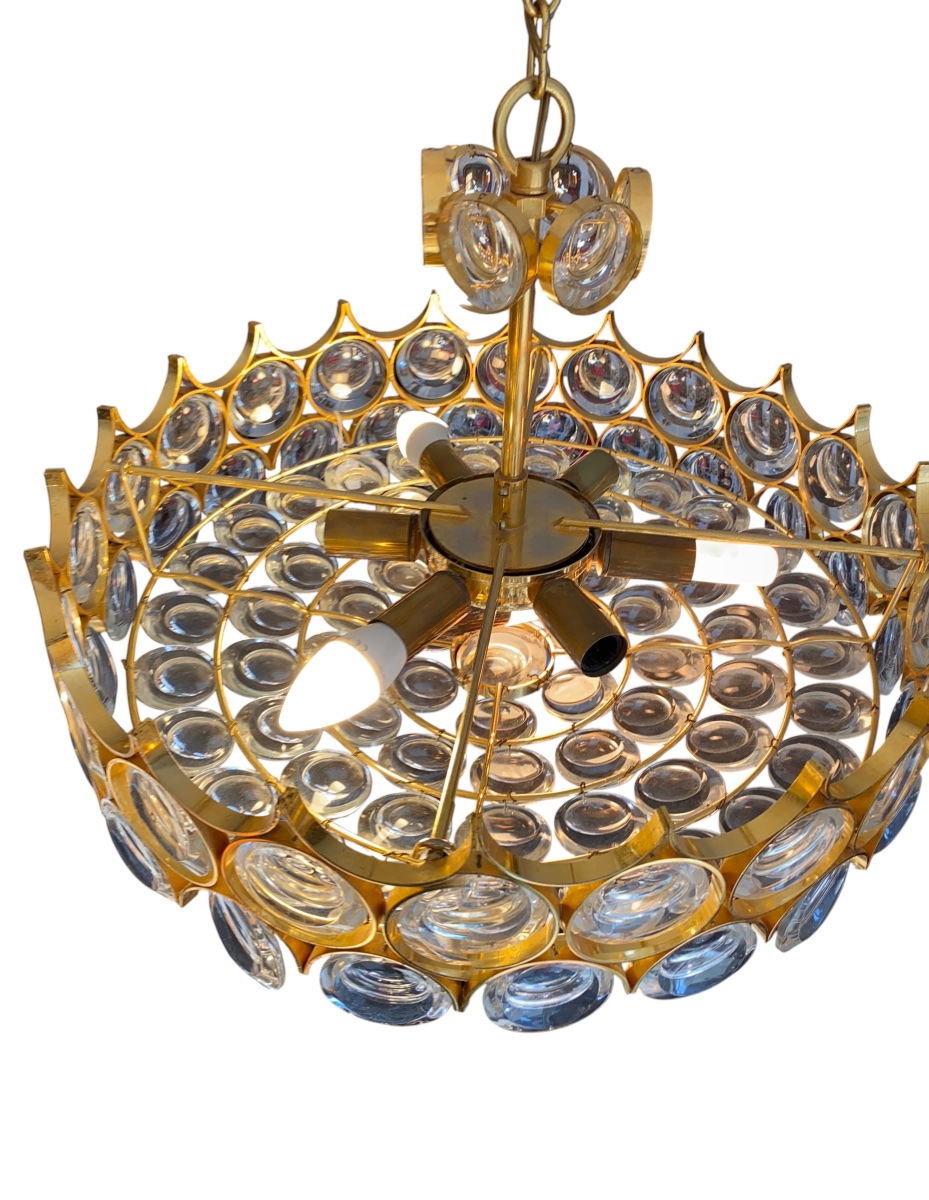 70s Pendant Chandelier - Gold Brass & Crystals-photo-6