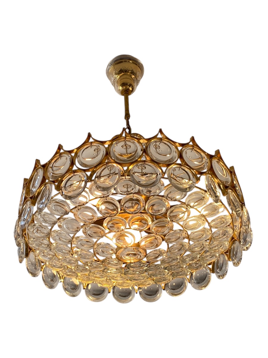 70s Pendant Chandelier - Gold Brass & Crystals