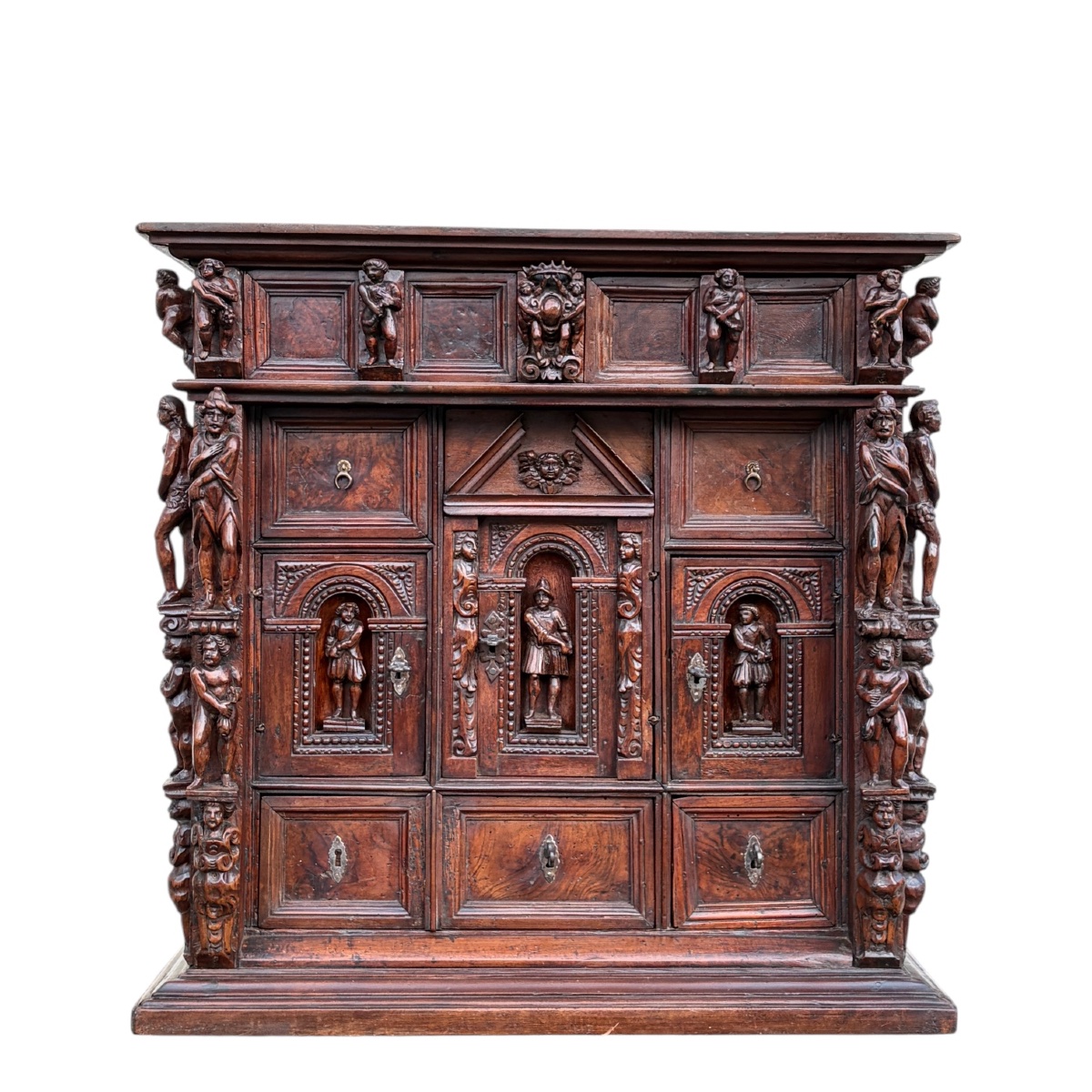 Genoese Stipo In Walnut And Elm Burl – Cabinet With 36 Statues, Circa 1600-photo-1