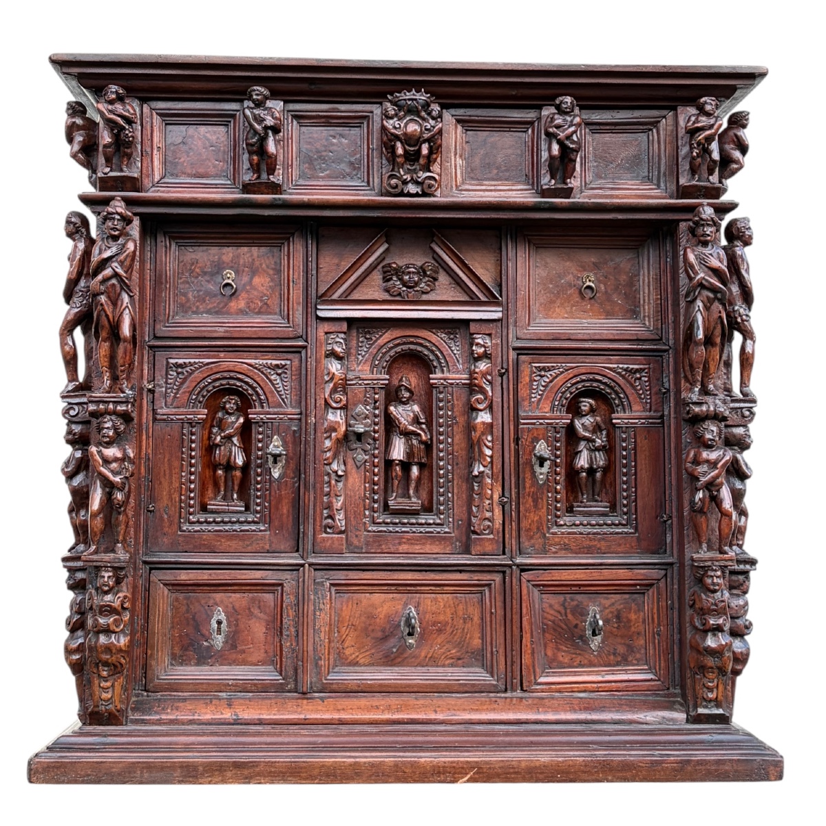 Genoese Stipo In Walnut And Elm Burl – Cabinet With 36 Statues, Circa 1600