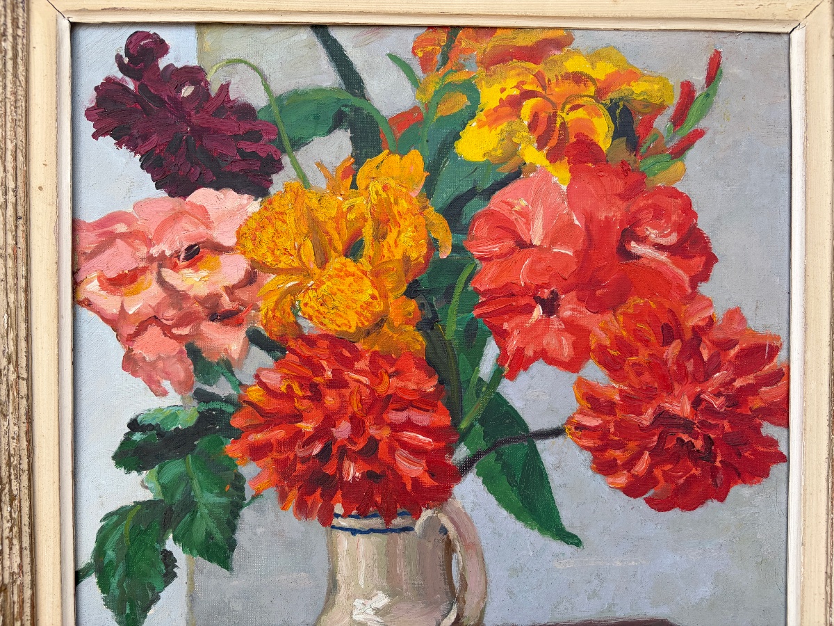 Frédéric Marius de Buzon (1879-1958) – Bouquet de Fleurs au Pichet, Huile sur Toile-photo-3