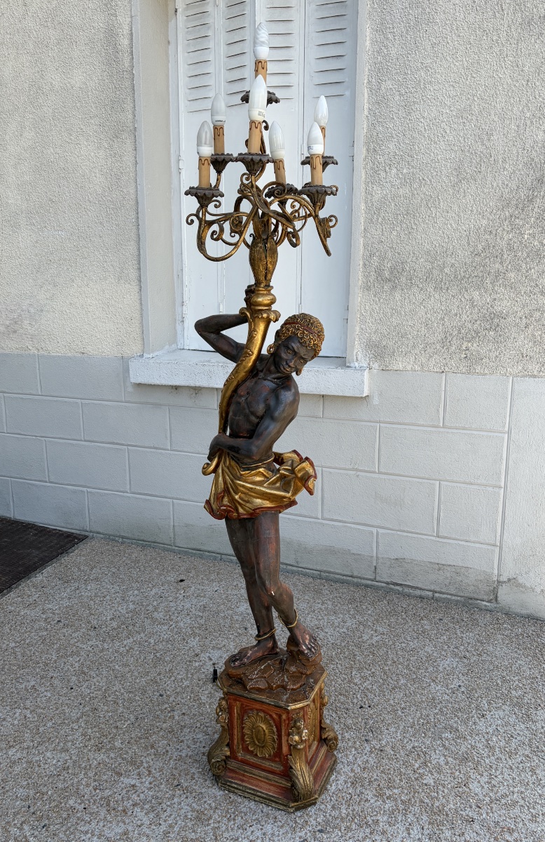 7-light Floor Lamp Depicting A Nubian In The Venetian Style (20th Century)-photo-2