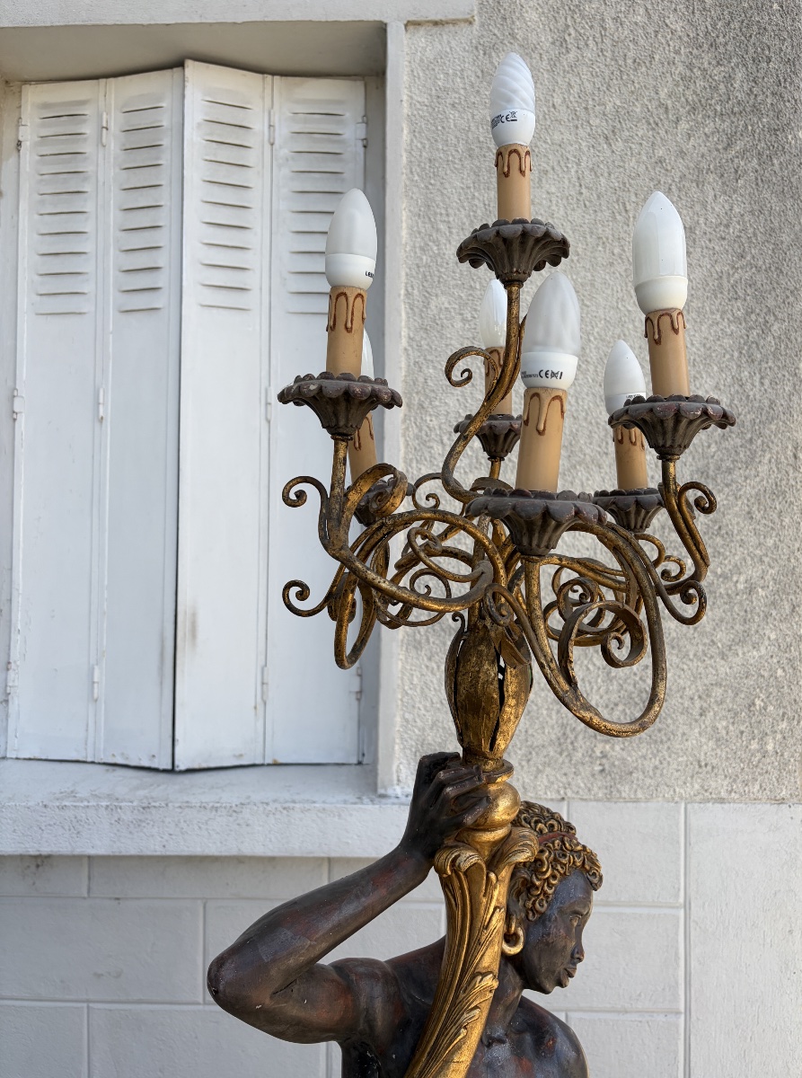 7-light Floor Lamp Depicting A Nubian In The Venetian Style (20th Century)-photo-3