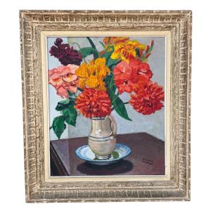 Frédéric Marius de Buzon (1879-1958) – Bouquet de Fleurs au Pichet, Huile sur Toile