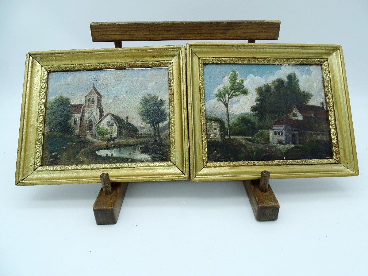 Pair Of Small Paintings Oil On Panel Late 19th