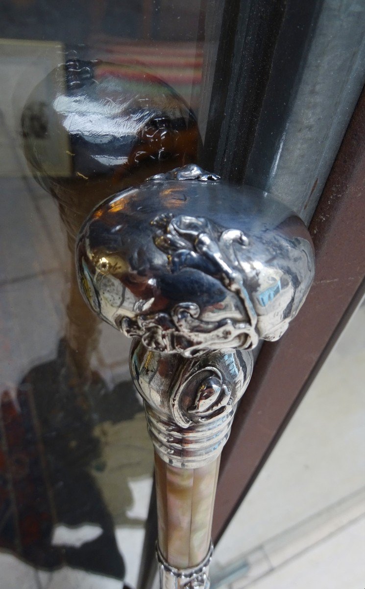 Silver, Mother-of-pearl And Silk Umbrella Art Nouveau