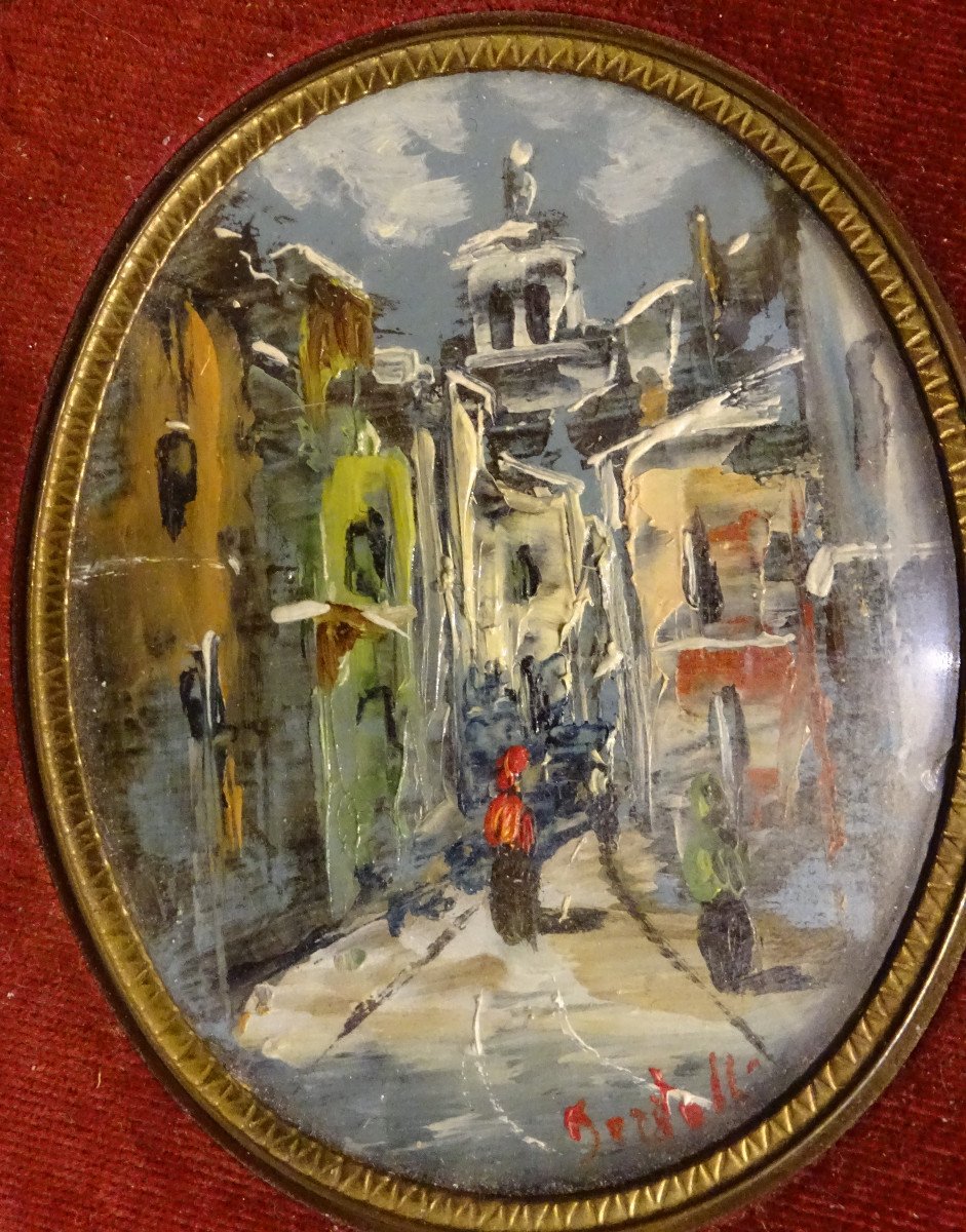 3 Petites Peintures Huiles Vues de villes  Années 50-photo-2