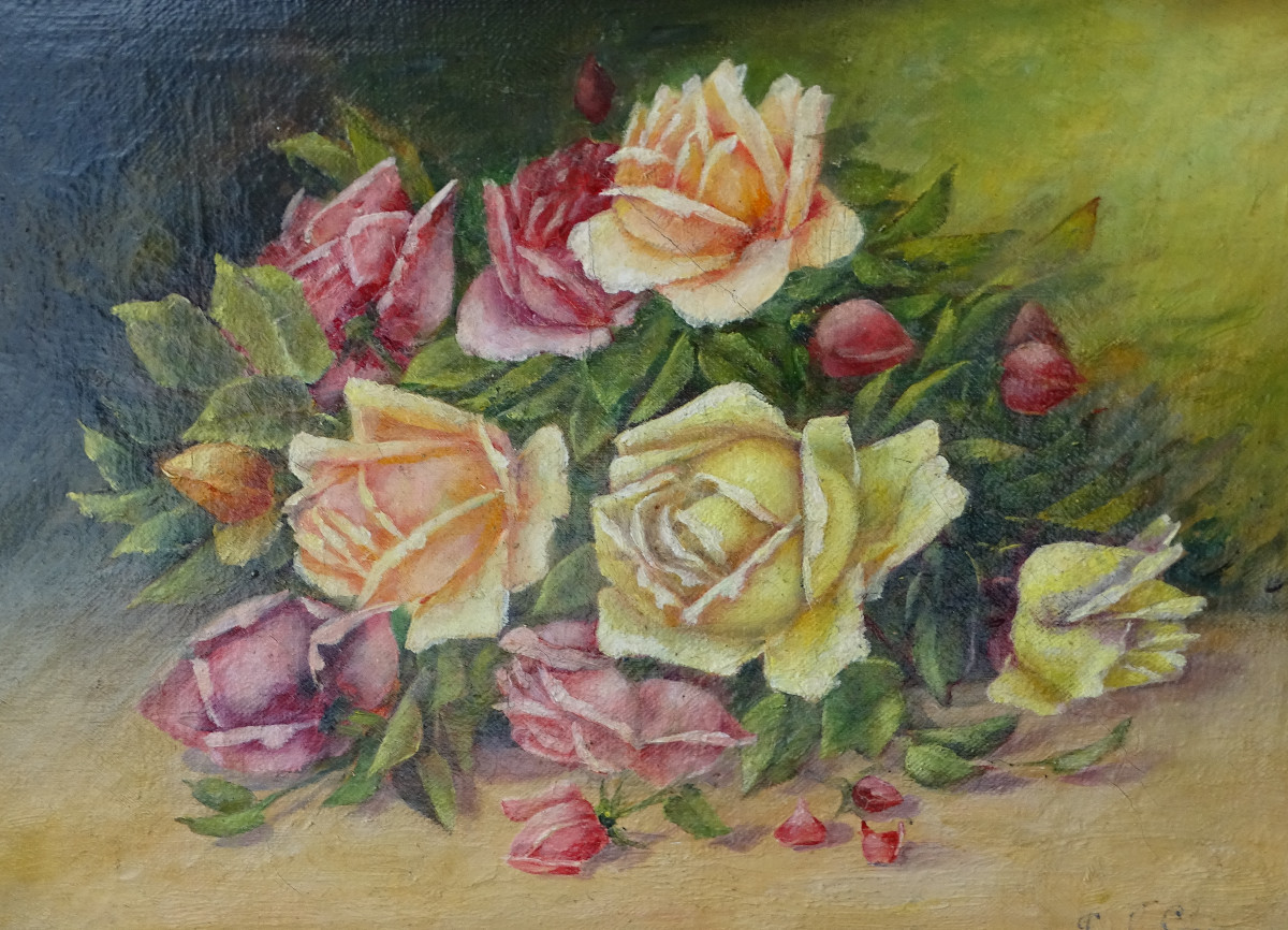 Tableau de roses Huile sur toile 20ème-photo-3