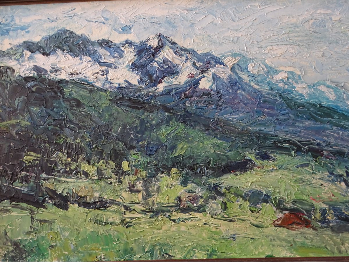 Pierre Calès Huile sur Carton  Vue du Col des Ayes -photo-3