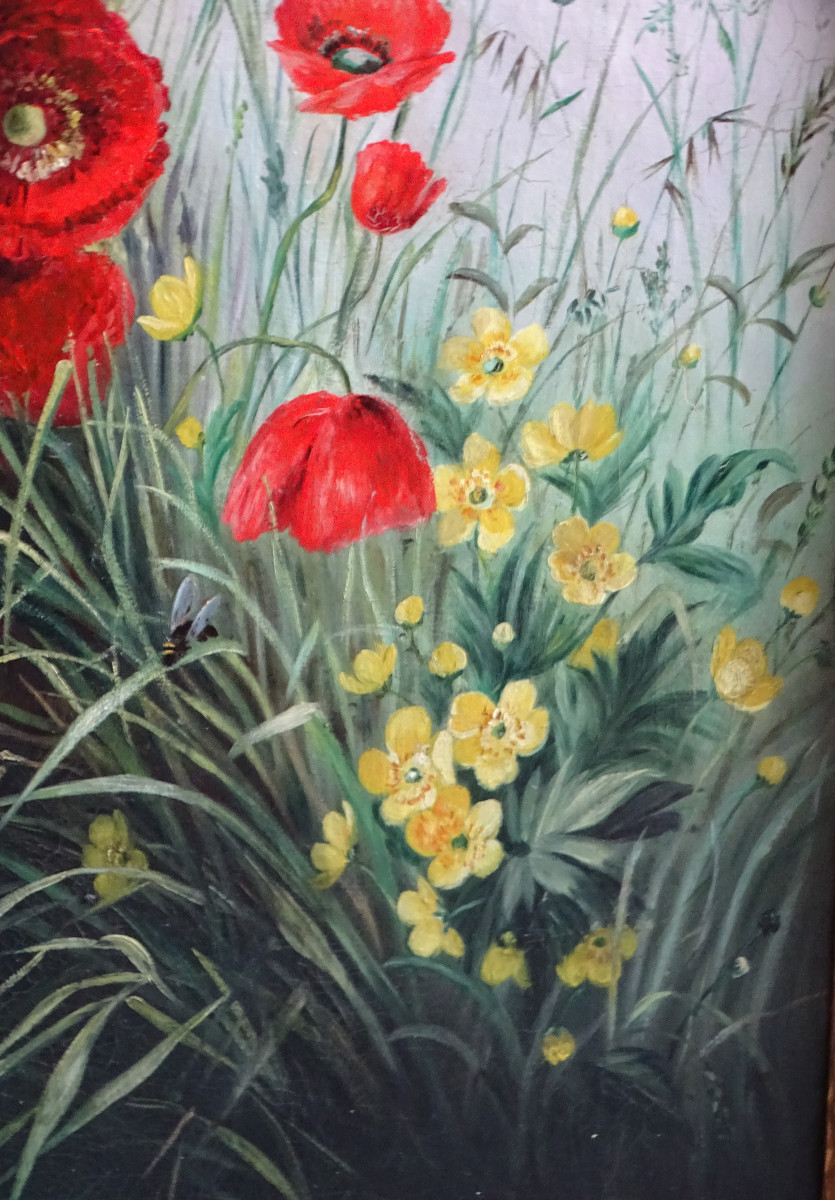 E. Paul Huile/Toile Gerbe de Coquelicots, Anémones et Papillon 1901-photo-4