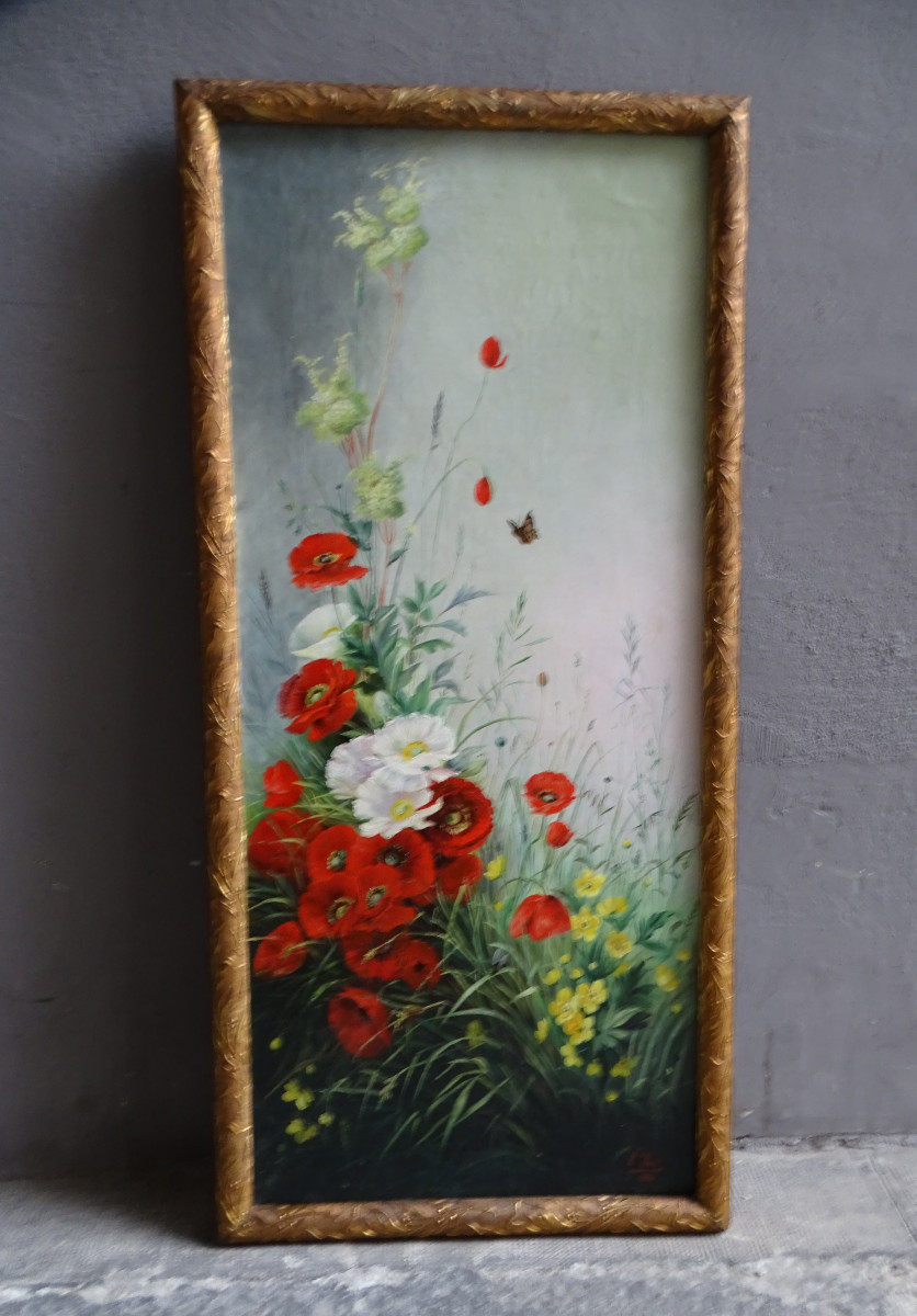 E. Paul Huile/Toile Gerbe de Coquelicots, Anémones et Papillon 1901