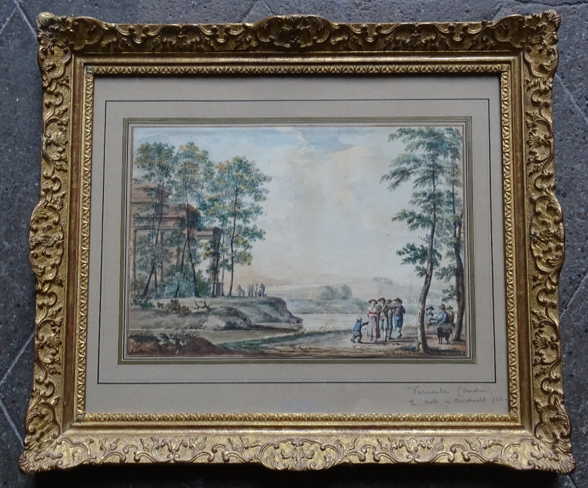 Vermeulen Andries (attributed) Watercolor And Ink Wash Animated Landscape 1763