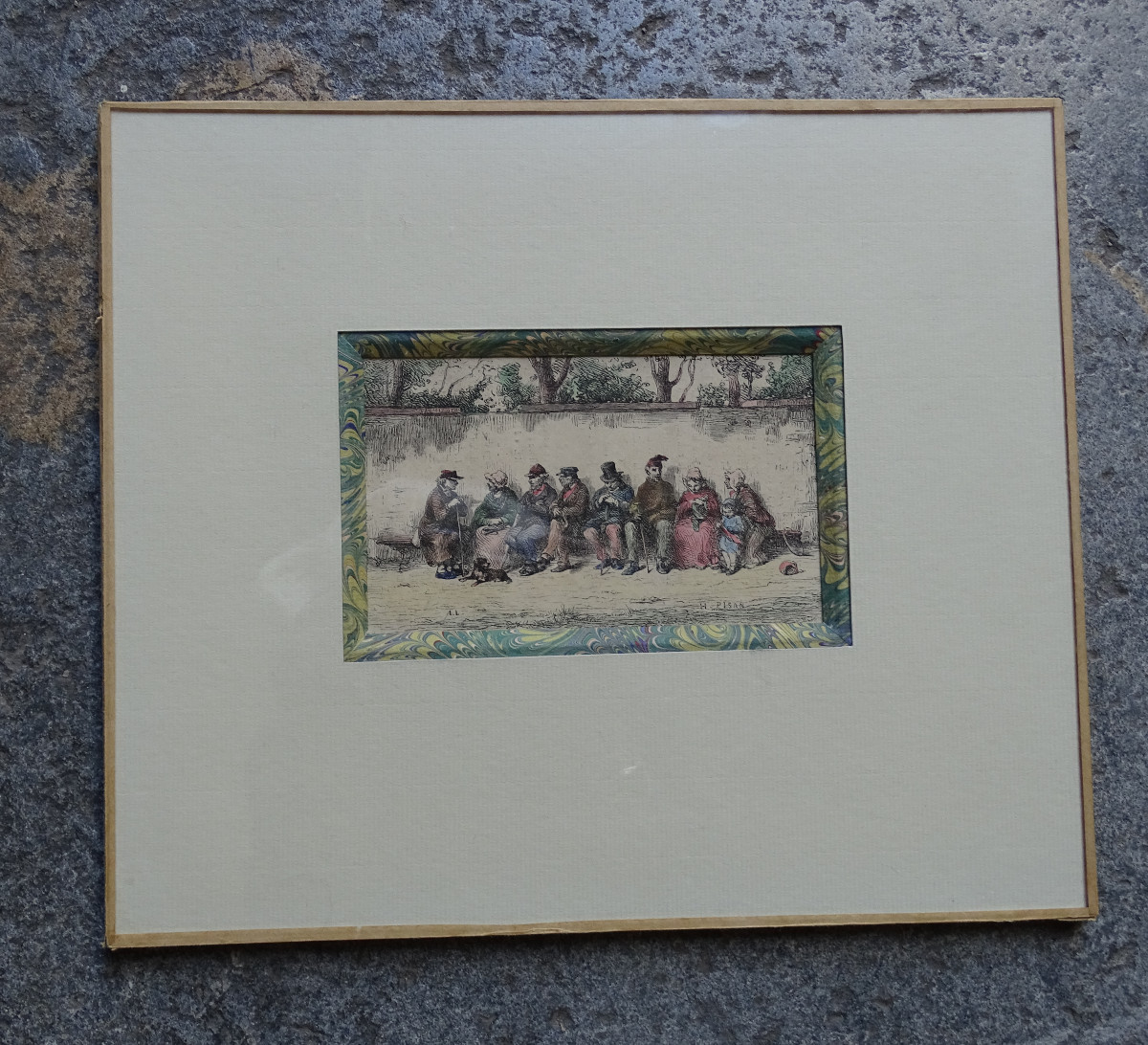 H. Pisan Watercolor Engraving The Conversation-photo-2