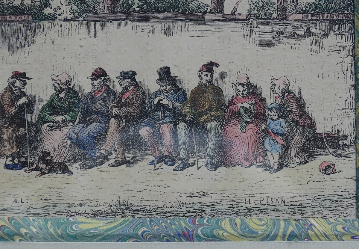 H. Pisan Watercolor Engraving The Conversation-photo-3