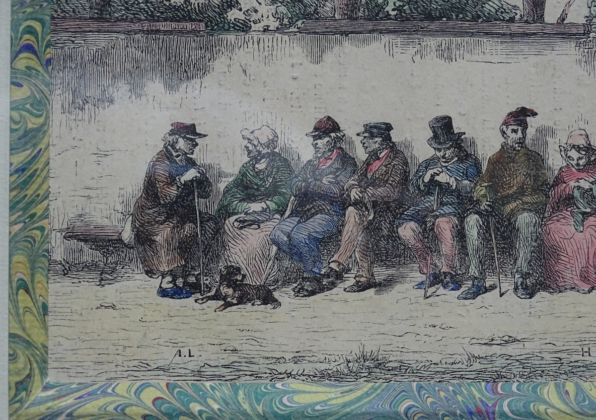 H. Pisan Watercolor Engraving The Conversation-photo-4