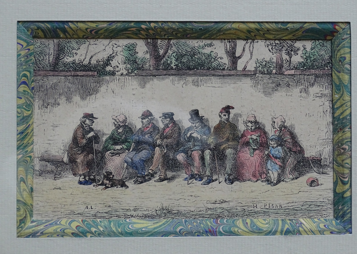 H. Pisan Watercolor Engraving The Conversation