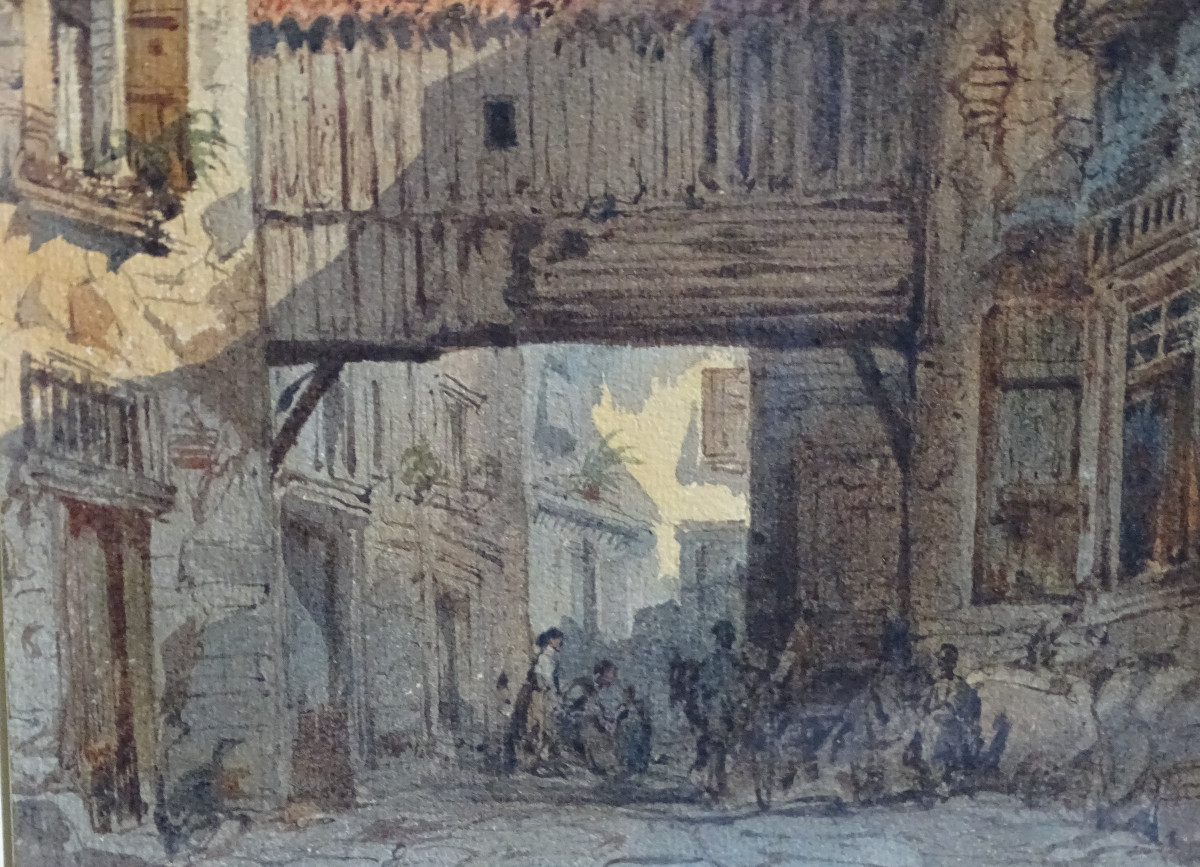 E. Roux Aquarelle Rue de Village Animée -photo-2