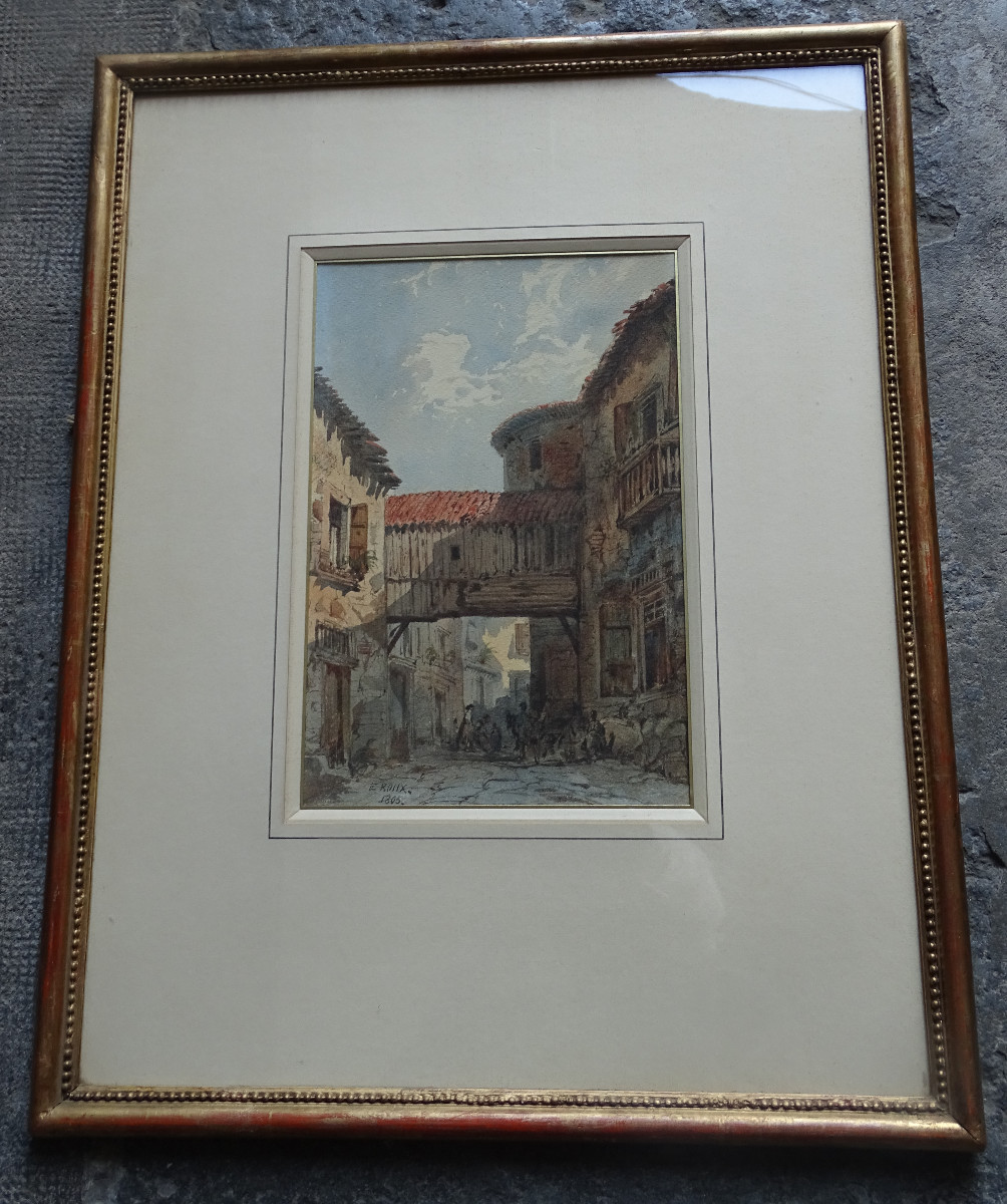 E. Roux Aquarelle Rue de Village Animée 