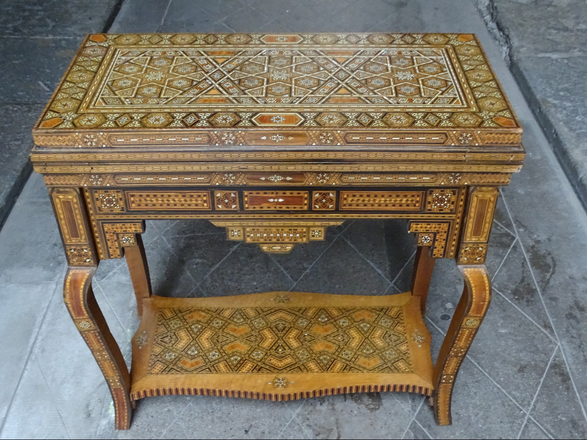Antique Syrian Marquetry Game Table-photo-3