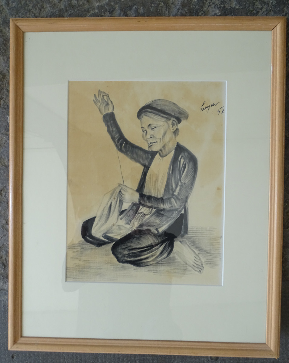Nguyen Huyen Grand  Dessin à l'Encre de Chine 1956