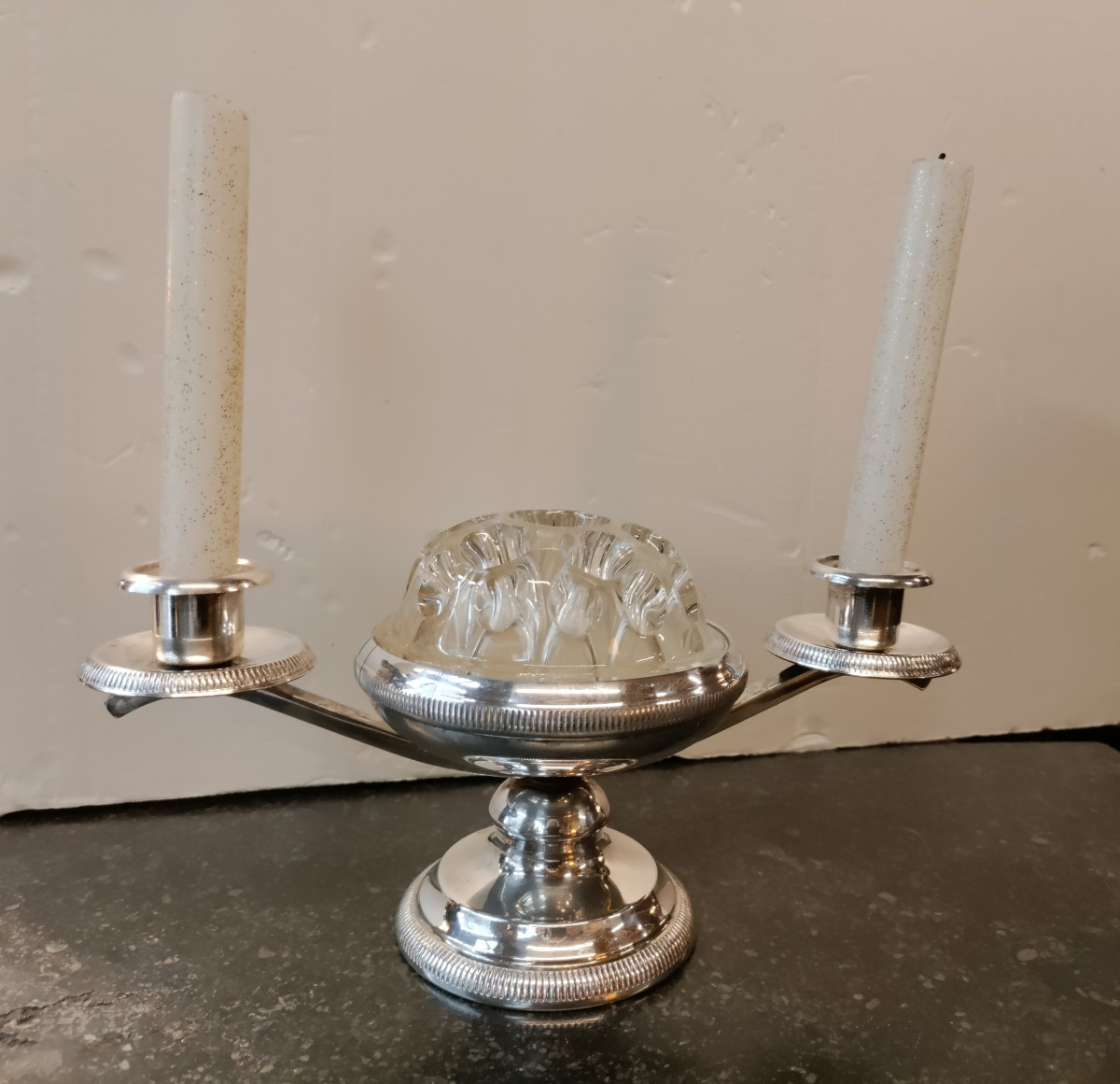Silver-plated Candleholders And Glass Flowerpicks