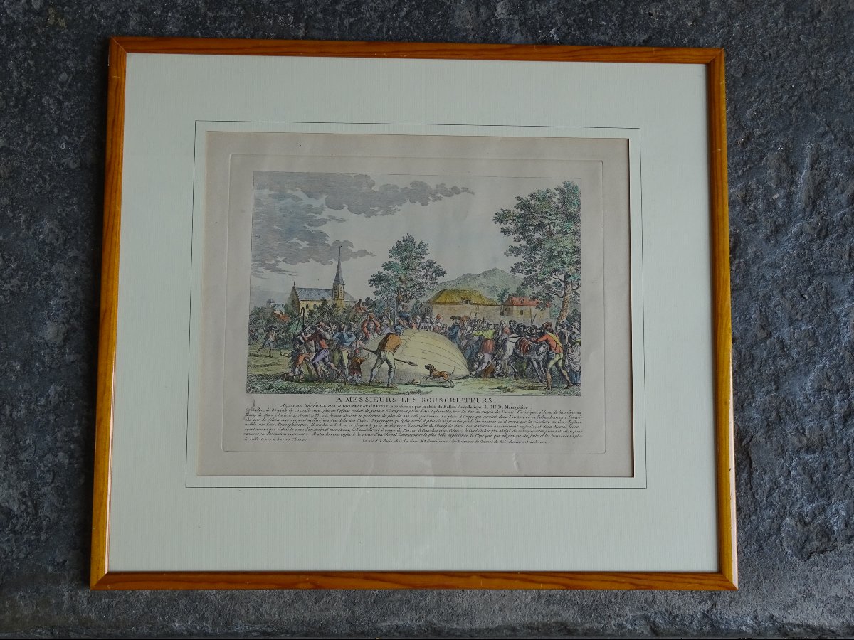 Gravure  Chute du ballon de monsieur de  Montgolfièr