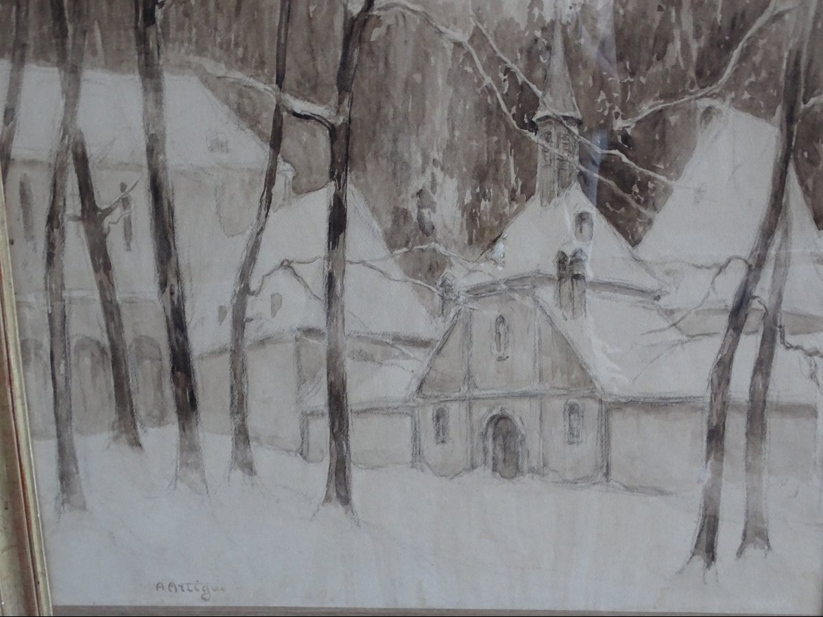 André Artigue Ink Wash Entrance To The Grande Chartreuse Monastery-photo-2