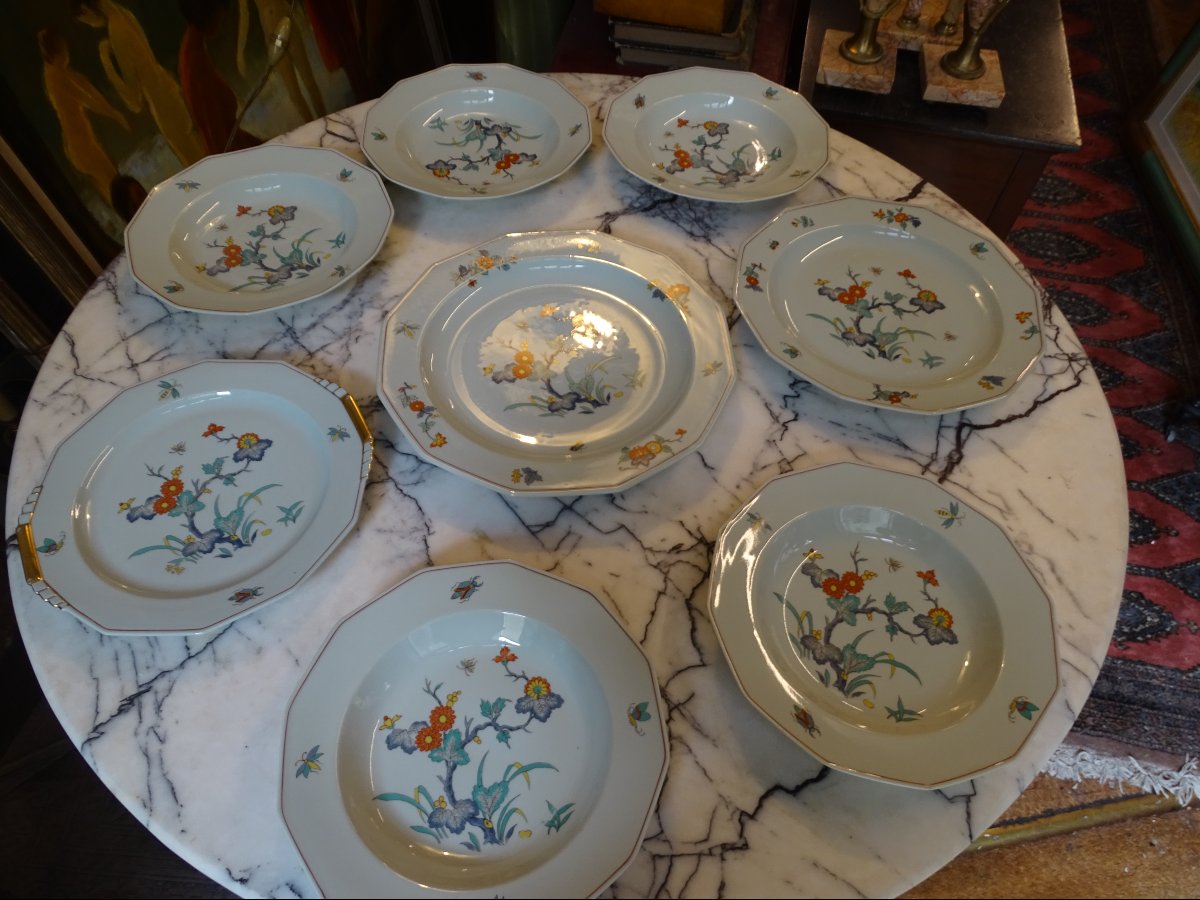 Bernardaud Limoges: 5 Porcelain Dinner Plates And 3 Porcelain Serving Dishes