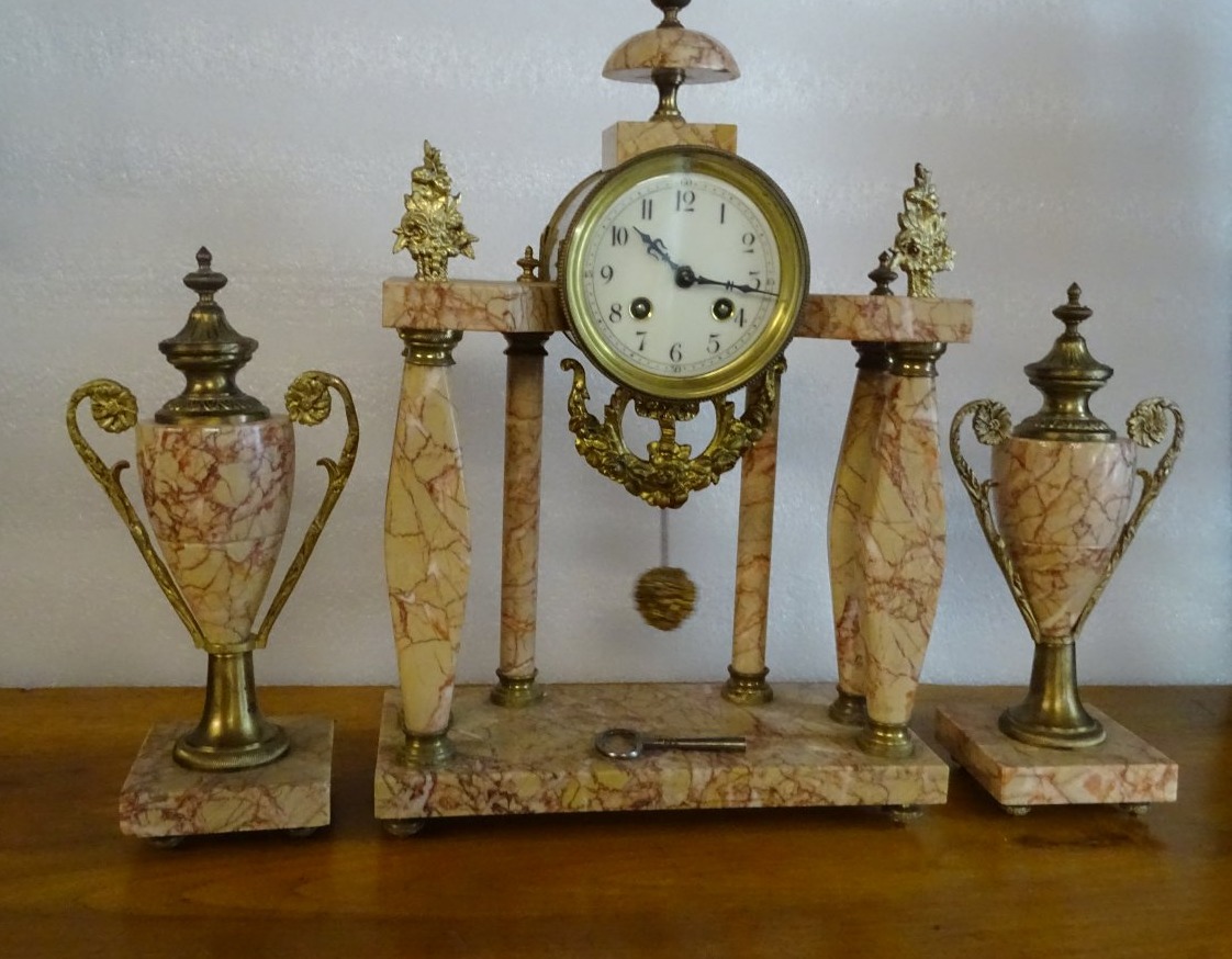 Pink Marble Mantle Clock Garniture