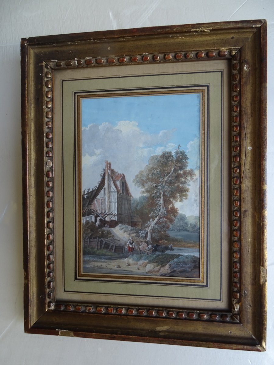 Gouache Animated Landscape "crossing The Ford"