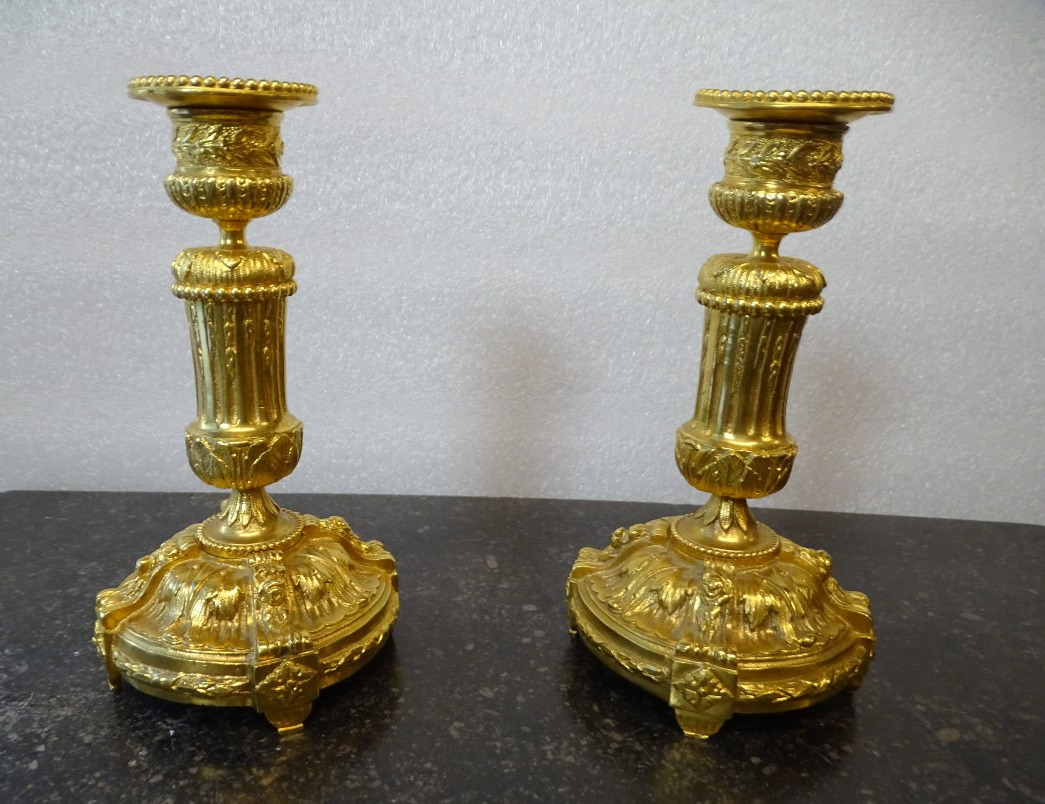 Pair Of Gilded Bronze Candlesticks First Half Of The 19th-photo-3