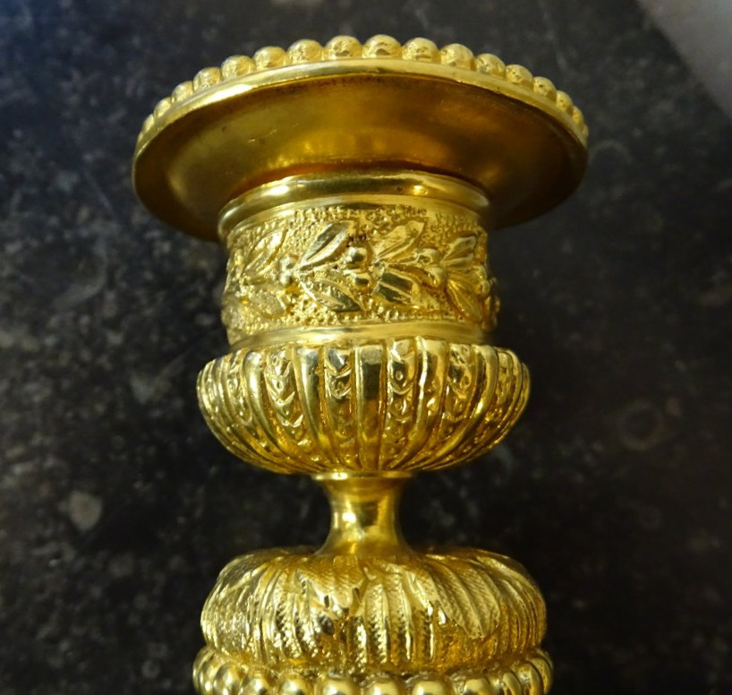 Pair Of Gilded Bronze Candlesticks First Half Of The 19th-photo-4