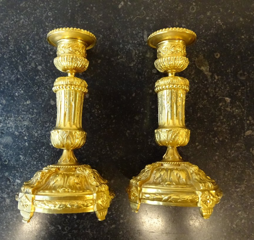 Pair Of Gilded Bronze Candlesticks First Half Of The 19th-photo-1